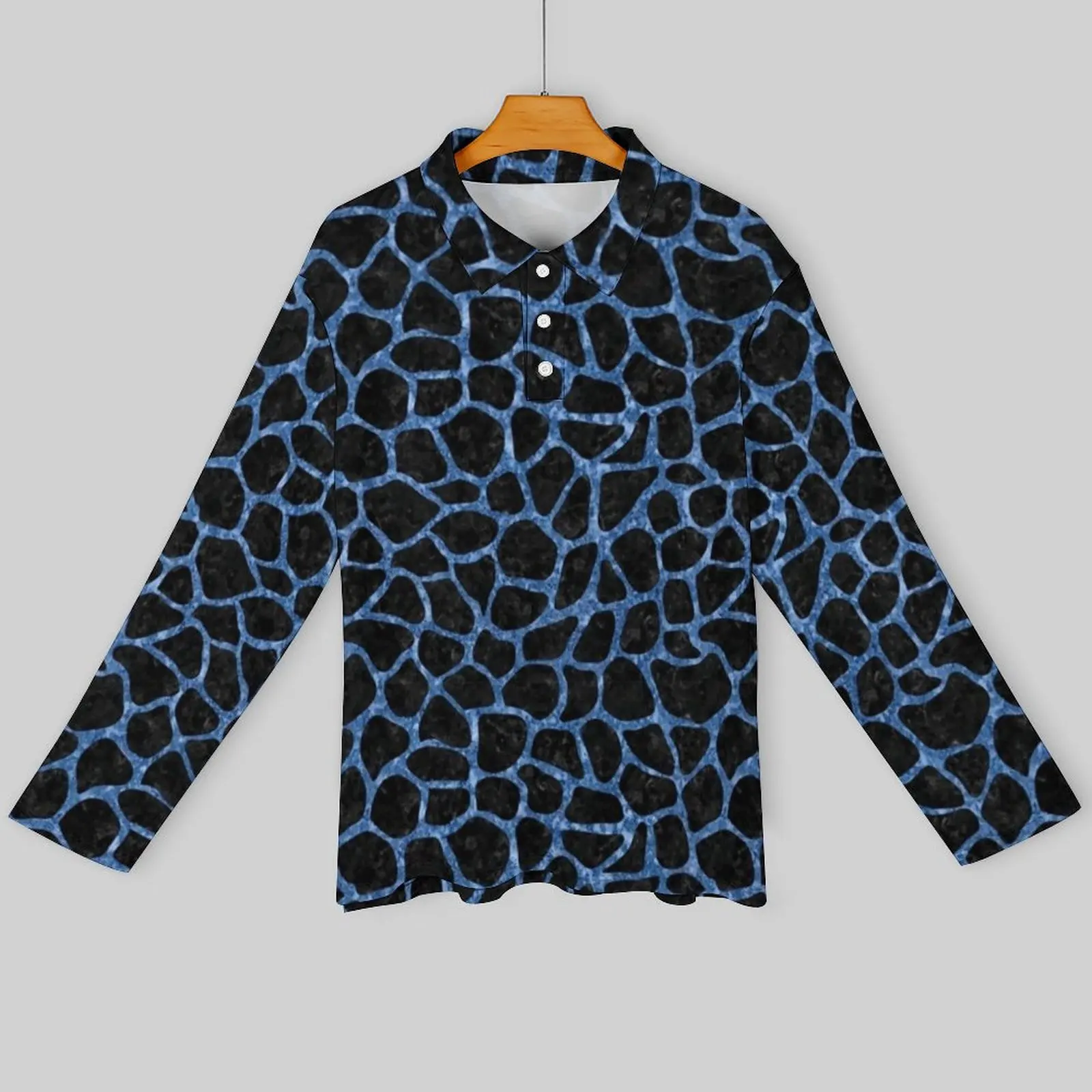 Blue Giraffe Casual T-Shirts Animal Spots Print Polo Shirt Men Streetwear Shirt Spring Long Sleeve Graphic Top Big Size