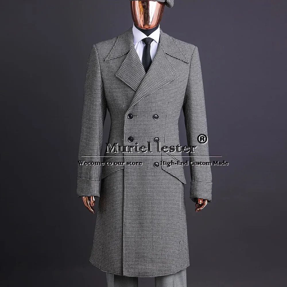 

Men's Grey Overcoat Fashion Peaked Lapel Plaid Check Man Daily Suit Jacket Double Breasted Trench Coat Long Ropa De Hombre 2024