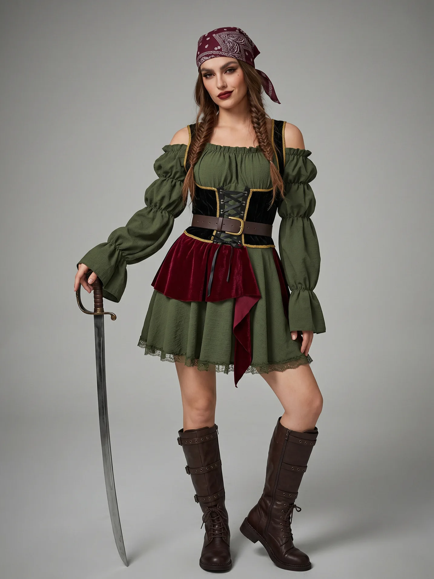 Disfraz de Elfo Medieval de Robin Hood para Mujer, Vestido Mini con Hombros Descubiertos, Mangas Largas Abullonadas, Corsé con Cordones, Color en Contraste, Hada del Bosque