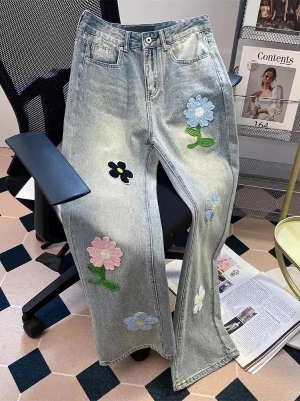 

Мужские джинсы свободного кроя с прямой штаниной, повседневный дизайн, с вышивкой цветов, большие размеры, 300 пу, американский стиль, весна-осень