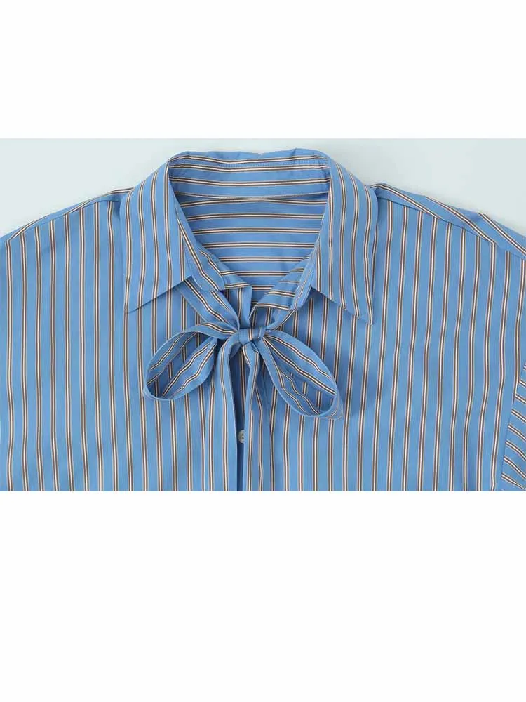 HH Nuova Donna All'inizio della Primavera Moda Maniche Lunghe Elegante Fiocco Decorazione Strisce Camicia Allentata Pendolarismo Femminile Top Versatili