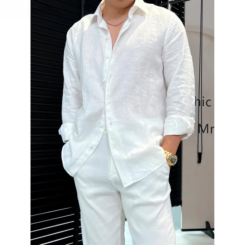 Lightweight Summer Men's Linen Long Sleeve Shirt Loose Fit Breathable Sun Protection Pure White Cool Feeling Versatile Casual...