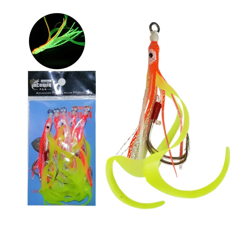 

AS 10pcs/lot Glow Assist Hooks With Squid Skirts Lumious Slow Jig Silicone Skirt Fishing Hook Sea Fishing Accessories