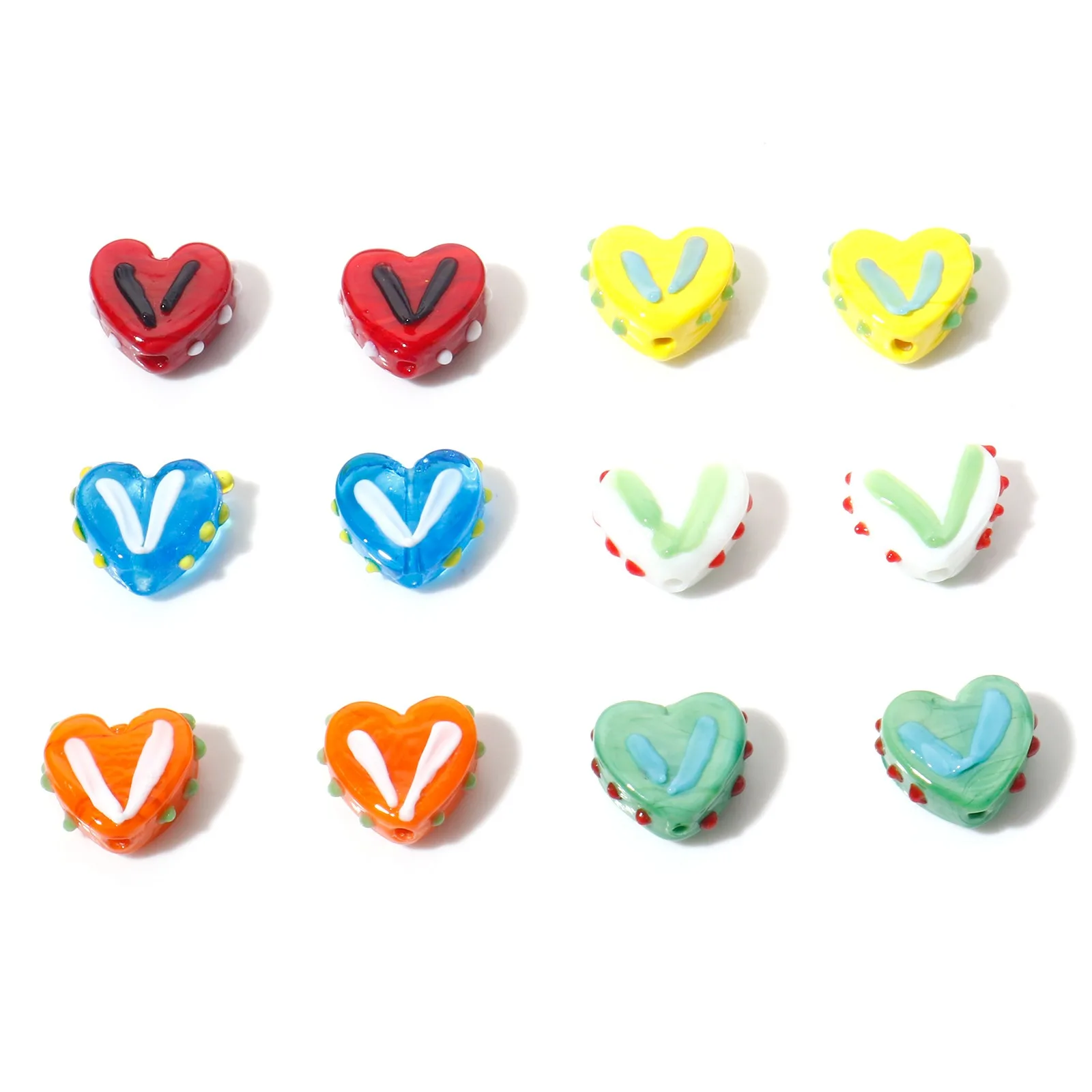 5PCs Lampwork Glass Sweet Beads Heart Multicolor Dot Loose Spacer Beads Valentine\'s Day DIY Jewelry Making About 17mm x 15mm