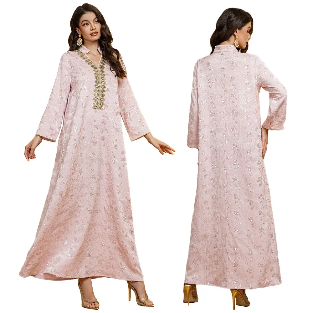 

Eid Sequin Embroidery Abaya Dress for Women Modest Muslim Arab Moroccan Kaftan Dubai Robe Ramadan Jalabiya Gown Femme Caftan New