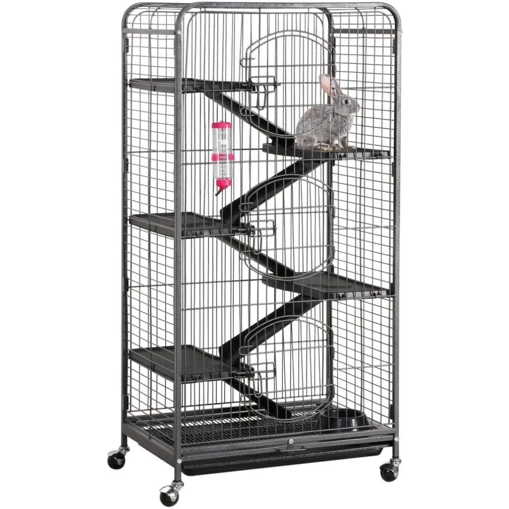 

Multi Levels Rolling Large Ferret Cage - 52-inch Pet Chinchilla Bunny Squirrels Cage Small Animals Hutch w/ 3 Front Doors/Bowl/