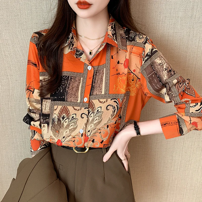

Spring 2025 Elegant Slimming Floral Long Sleeve Shirt Design Loose Printed Top Women's Fashion Casual Wear