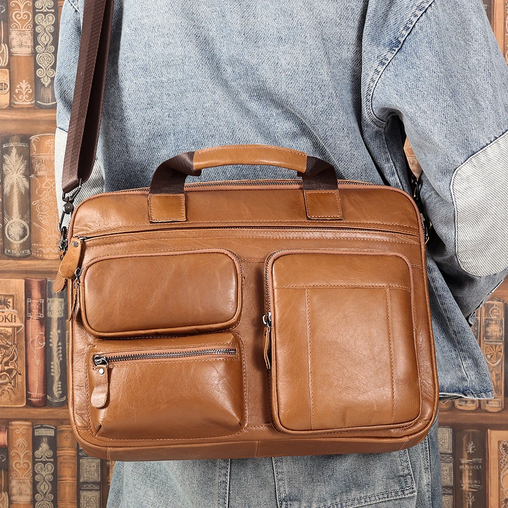 Borsa da riunione portatile da uomo in pelle borsa da lavoro Casual con una spalla in pelle di vacchetta borsa da lavoro retrò per uomo