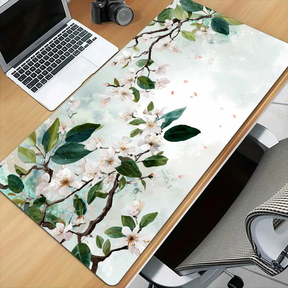 Beautiful white flowers Mouse Pad Desk Mat with Stitched Edge XXL Mousepads Rubber Anti-slip Gamer Keyboard Rug Gaming Mats