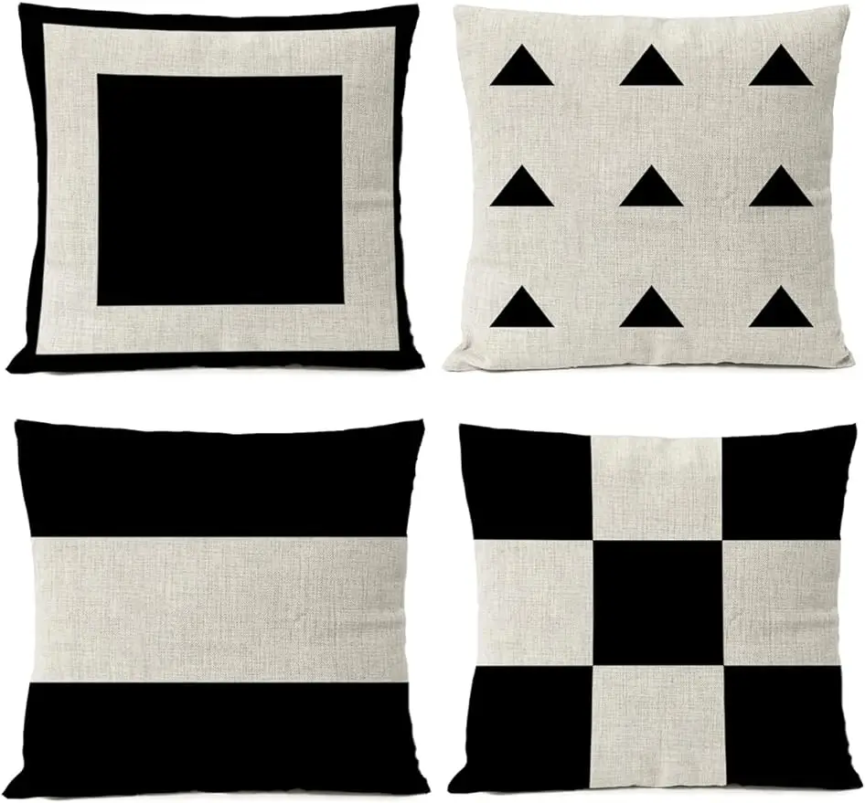 Black geometric pillowcase, linen cushion cover, office home décor sofa pillowcase, cushion cover 45x45