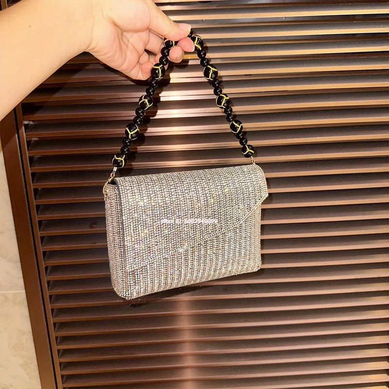 

New Luxury Women's Single Shoulder Envelope Design Handbag Small Square Beaded Wrist Banquet PU Classic Fashion Rhinestone Chain