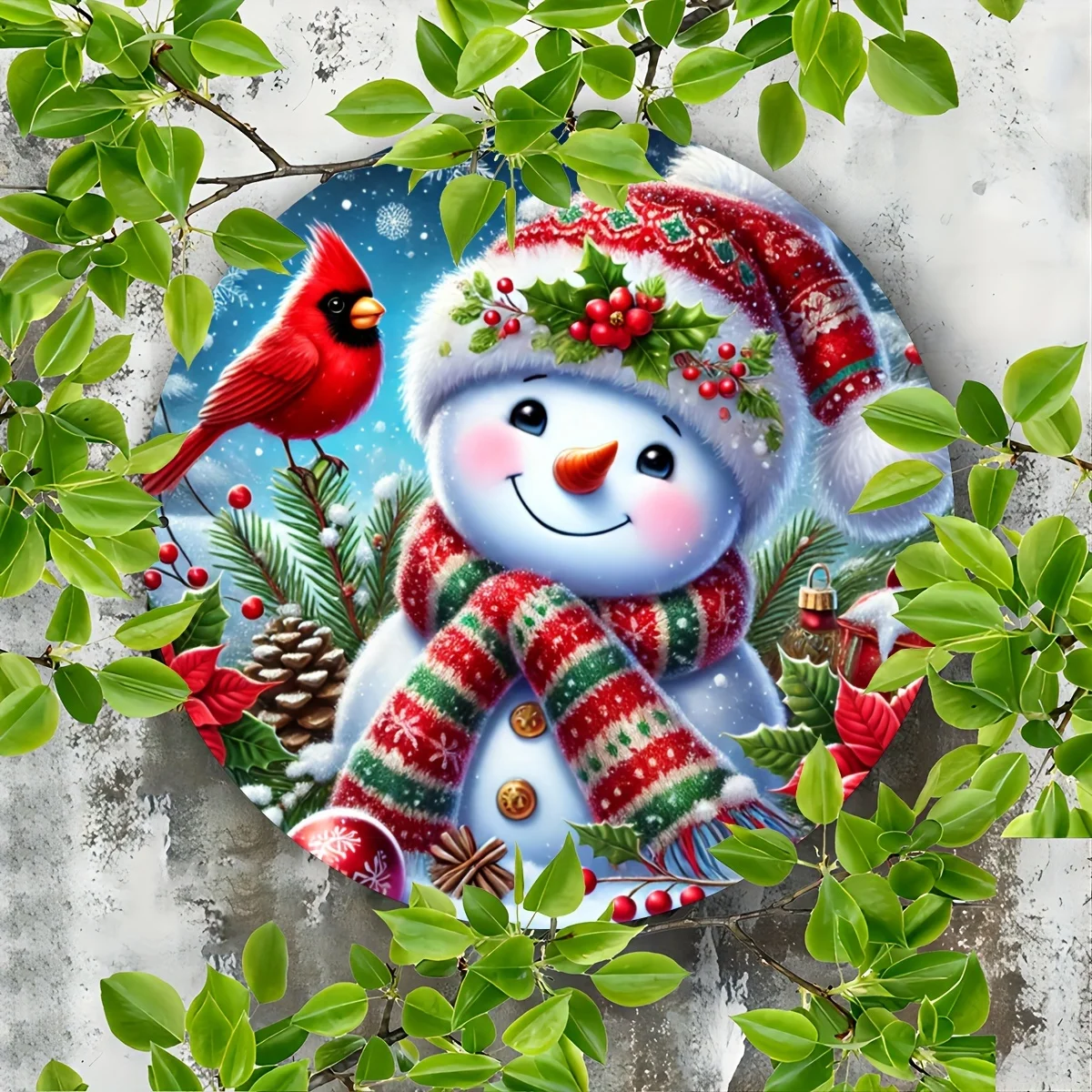 لافتة معدنية لرجل الثلج والكاردينال الاحتفالي - ديكور حديدي مطبوع مع مشهد العطلة لجدار المنزل والحديقة والمزيد لديكور الغرفة