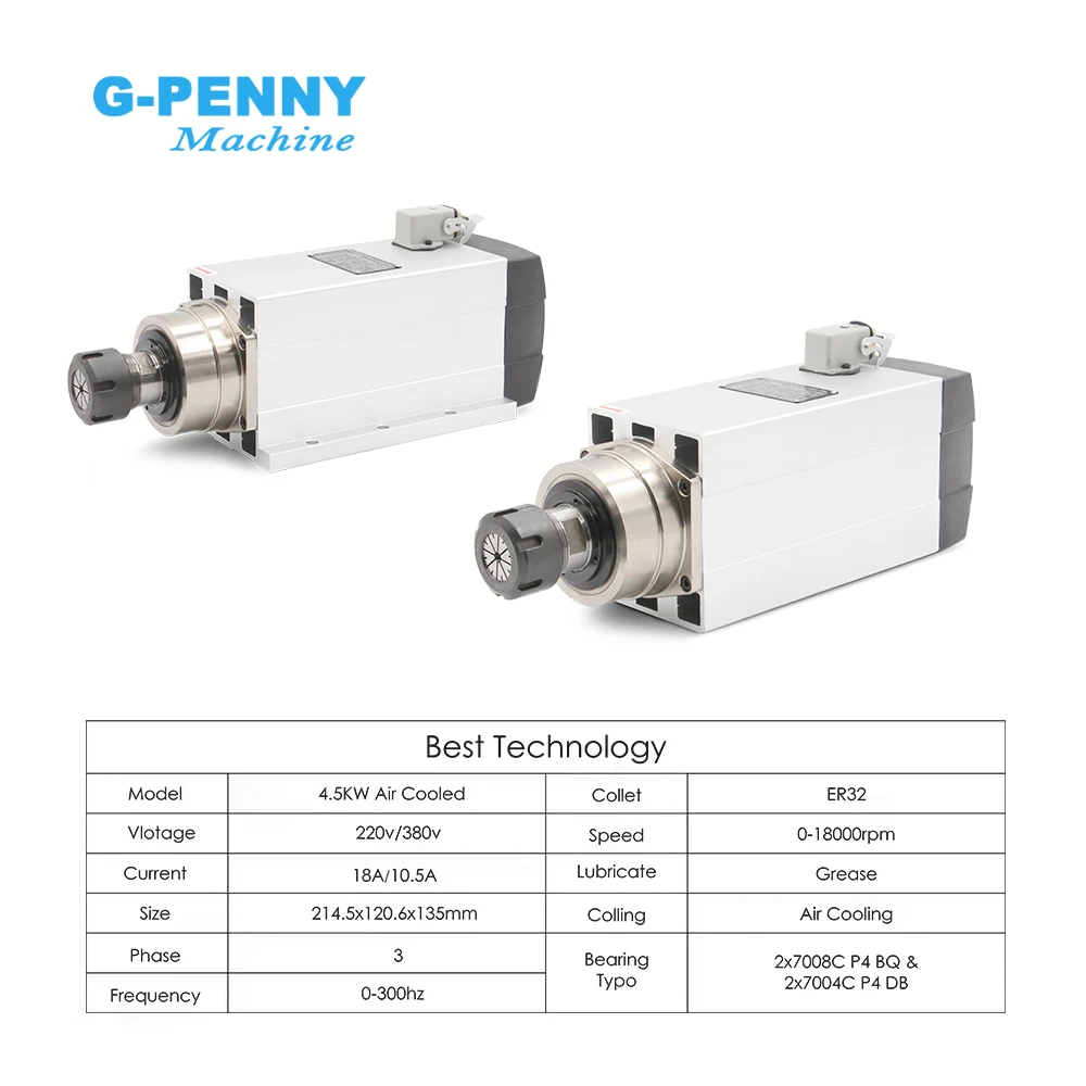 G-Penny 4.5kw ER32 Air Cooled Spindle Motor 220v/380v Square Spindle Ceramic Ball Bearings 0.01mm Wood Milling Engraving CNC