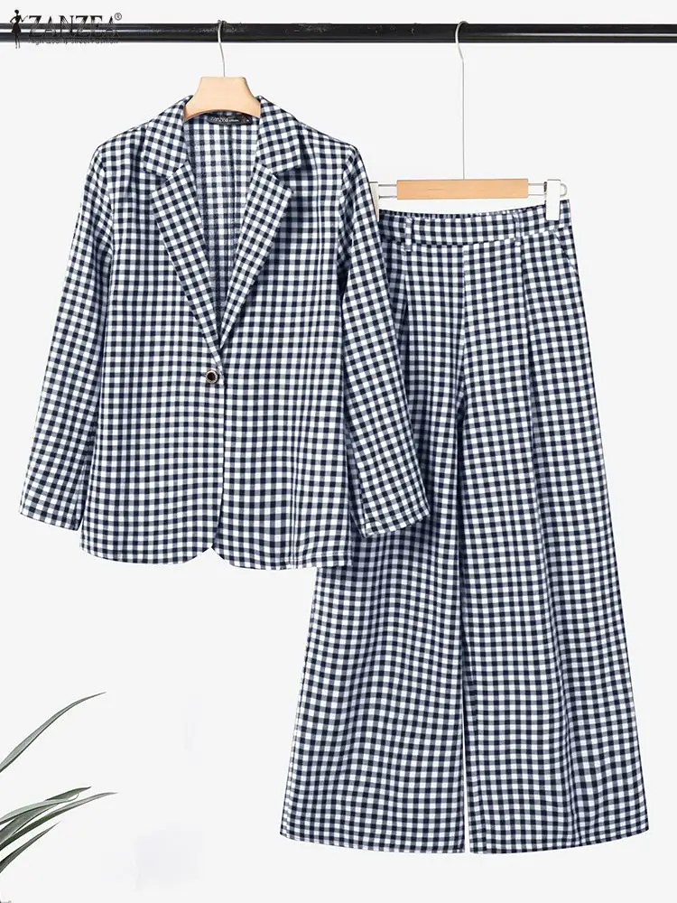 ZANZEA Autunno Plaid 2 pezzi Set Pantaloni da ufficio Set Risvolto Manica lunga Blazer Cappotti Pantaloni Vestito da donna Set coordinati 2025