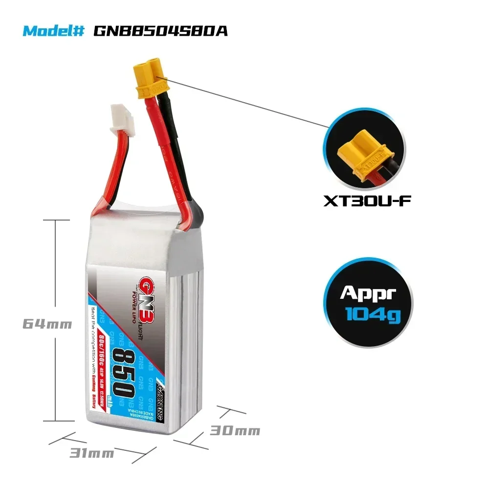 Oryginalny akumulator GNB 2S/3S/4S 850mAh 7.4V/11.1V/14.8V 80C Lipo do dronów wyścigowych FPV RC Quadcopter Battery z wtyczką XT30/XT60