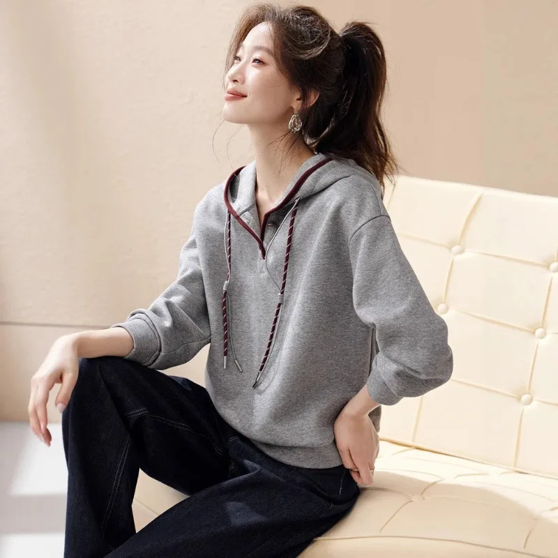 Korean Fashion Women's Harajuku Casual Loose Hoodie 2026 Autumn Winter New Color Blocking Pullover Sweatshirt Streetwear Women