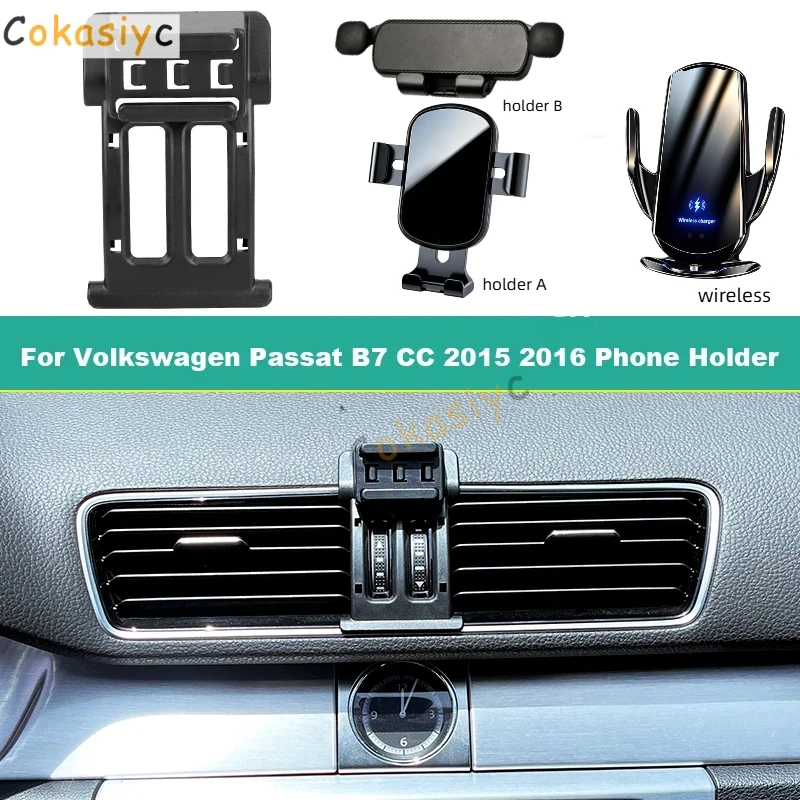 Suporte de celular dedicado para carro Volkswagen VW CC Passat B7 2015 2016 com base fixa para ventilação e carregamento sem fio.