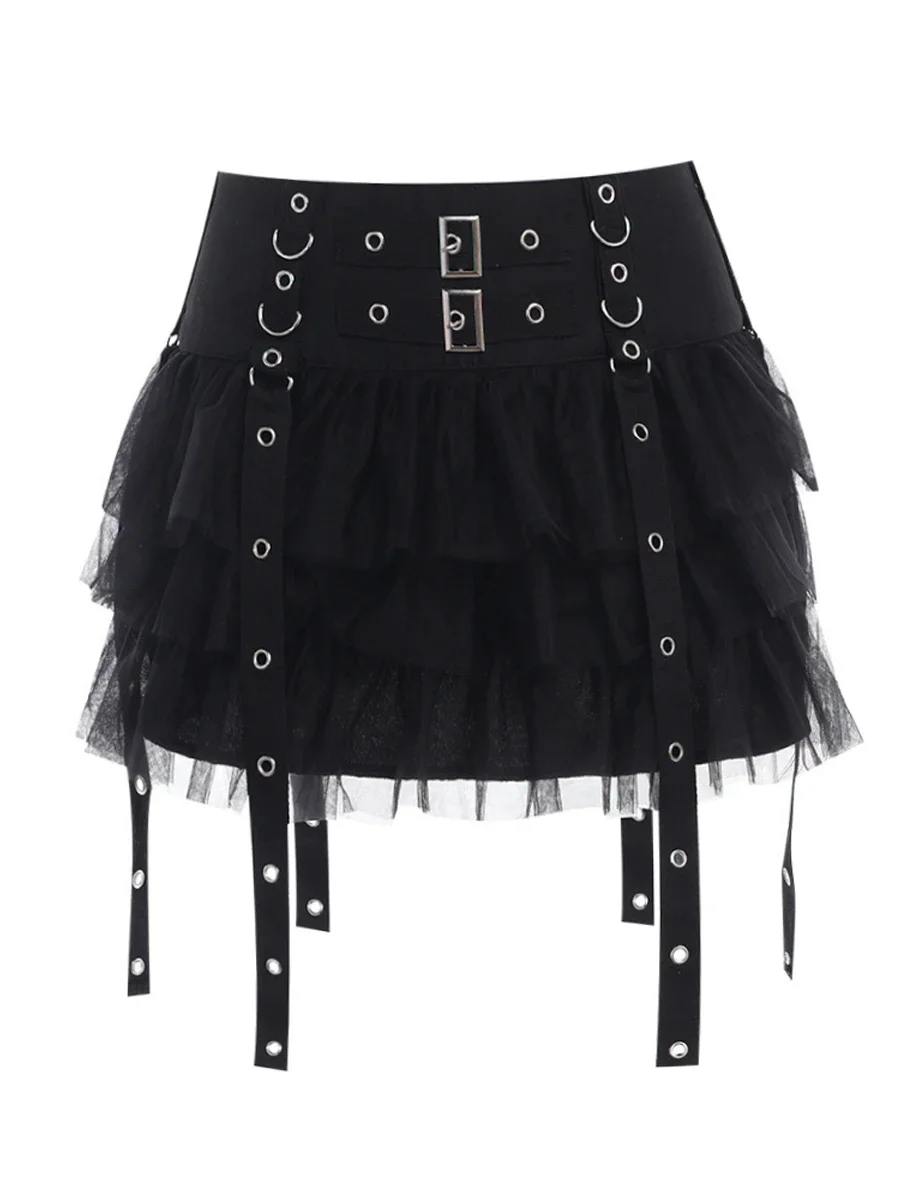 Spicy Girl Dark Punk Gothic Style Eyelet Button Ribbon Pleated Skirt Women Summer High Waist A-line Slim Short Mesh Cake Skirts