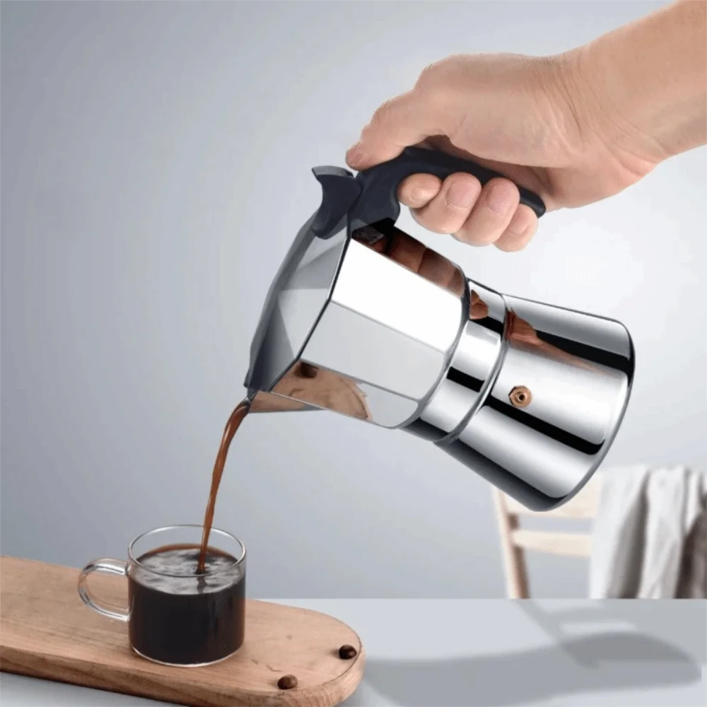 

150/300 ML Octagonal Mocha Pot Shock-resistant Mirror-like Italian Mocha Kettle Stainless Steel Hand Brewing Coffee Pot
