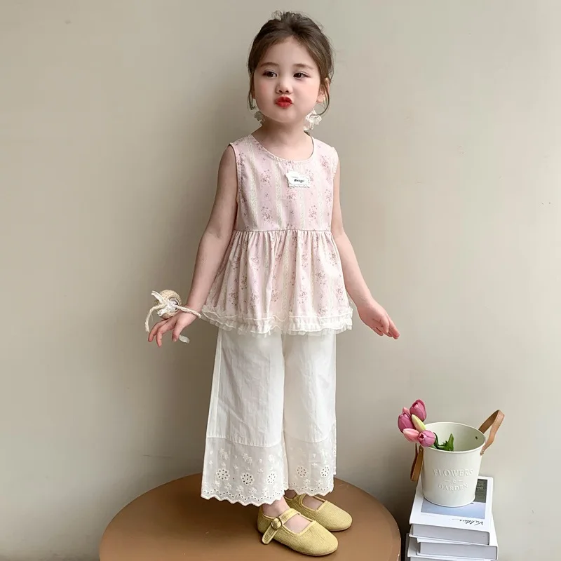 Summer New Girls' Sweet 2026 New Sleeveless Tank Top Set Baby Girl Wide-leg Pants Stylish Two-piece clothing Set