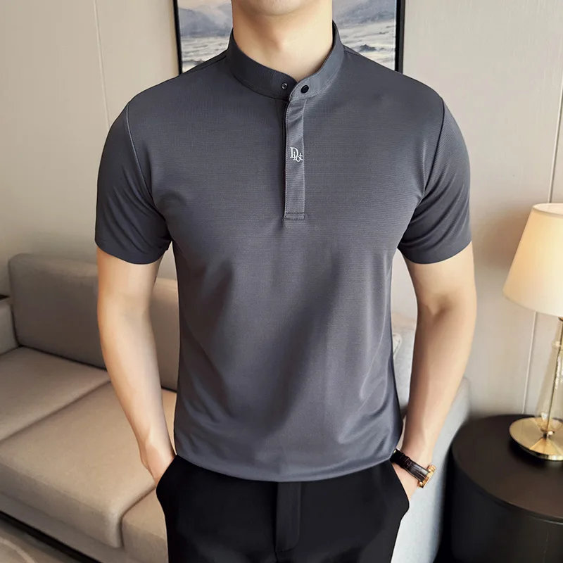 Men Polo Shirt, Chinese Standing Collar, 2024 Summer New Light and Thin Solid Color Casual Short Sleeved T-shirt, Men\'s Clothing