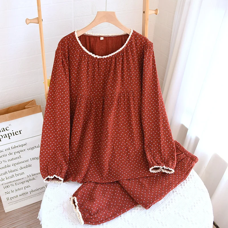 

Красный цветочный принт, хлопковый пуловер с круглым вырезом, брюки, пижамный костюм, женская летняя тонкая домашняя одежда, повседневные пижамы, одежда для сна