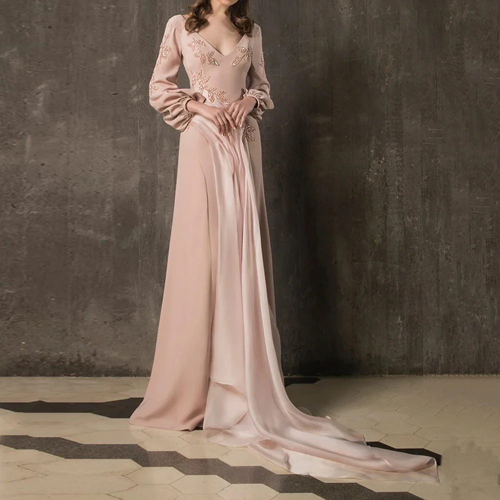 

A-line Women's Evening Dresses Floor-length V-neck Full Sleeve Prom Gown Fashion Flowers Crystal Simple Draped Customized Gowns