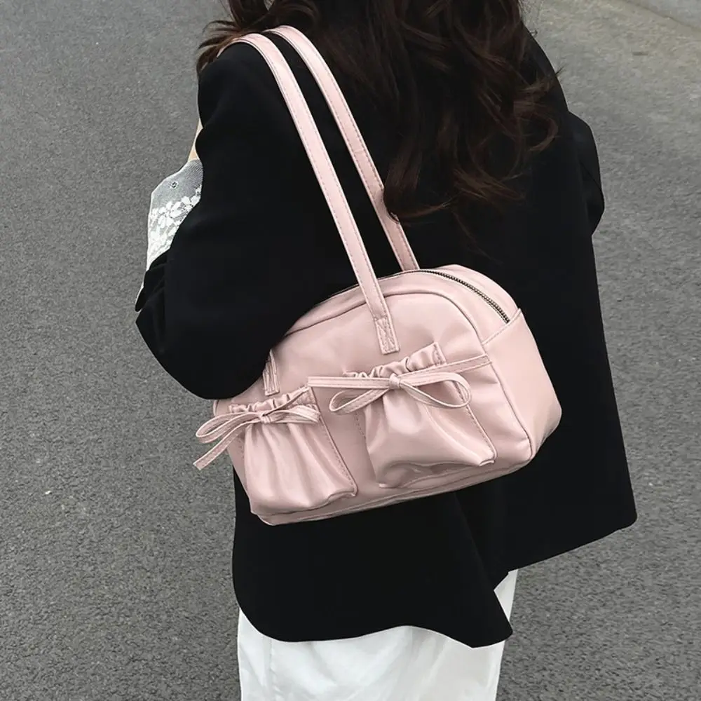 

Casual Designer Ribbons Bowling Tote Bag Y2k Ballet Korean Bow Tie Shoulder Bag Pu Leather Large Capacity Women's Handbag Girls