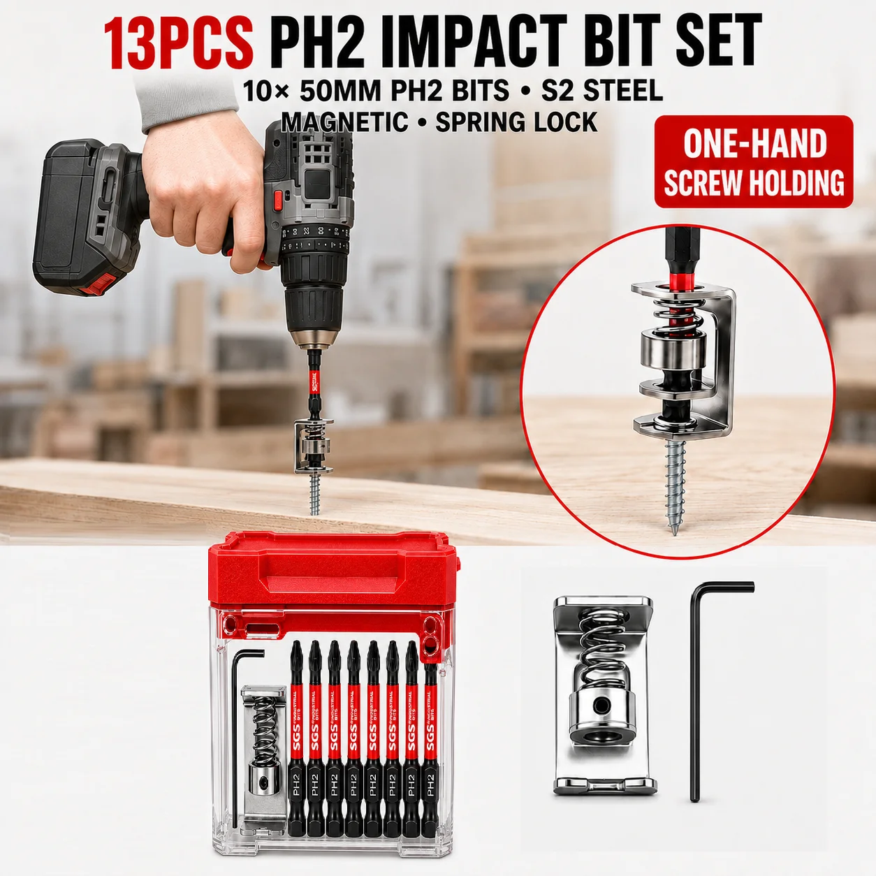 13PCS Magnetic Screwdriver Bit Set with Spring-Loaded Screw Holder Anti-Drop Screw Fixing Clamp 1/4