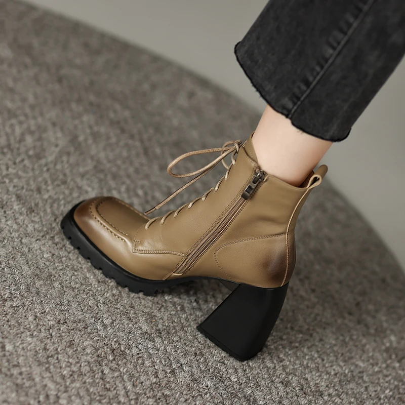 Autumn/Winter Women Boots Square Toe High Heel Shoes for Women Black Leather Boots Women Lace Up Handemade Shoes Botas De Mujer