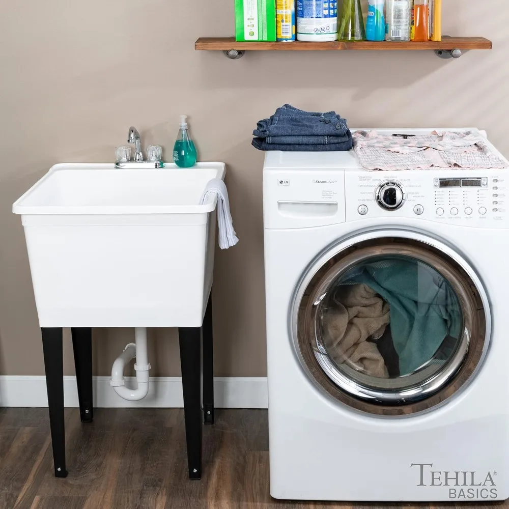 حوض أدوات أبيض قائم بذاته سعة 21 جالونًا مع صنبور بمقبضين من الكروم، حوض غسيل بلاستيكي عالي التحمل #3