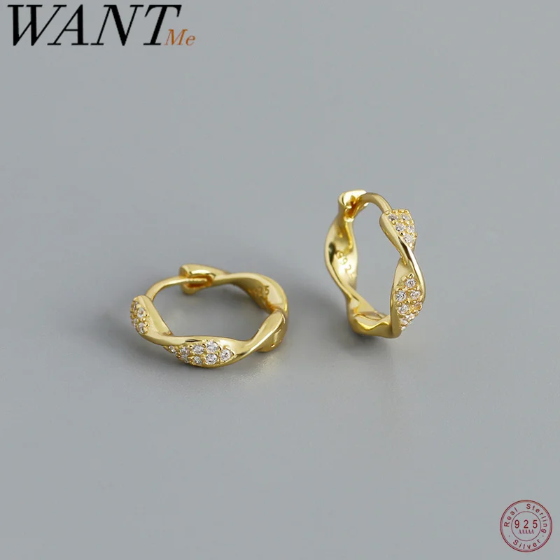 

WANTME 925 Sterling Silver Trend Twist Set Zircon Huggies Ear Buckle for Women Classic Elegant Versatile Hoop Earring Jewelry