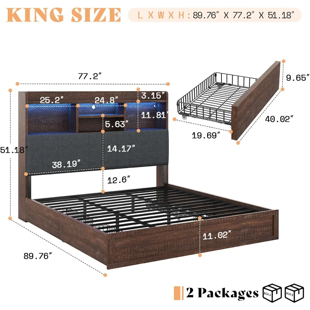 King Size Platform Bed with 4 Storage Drawers, 51.2