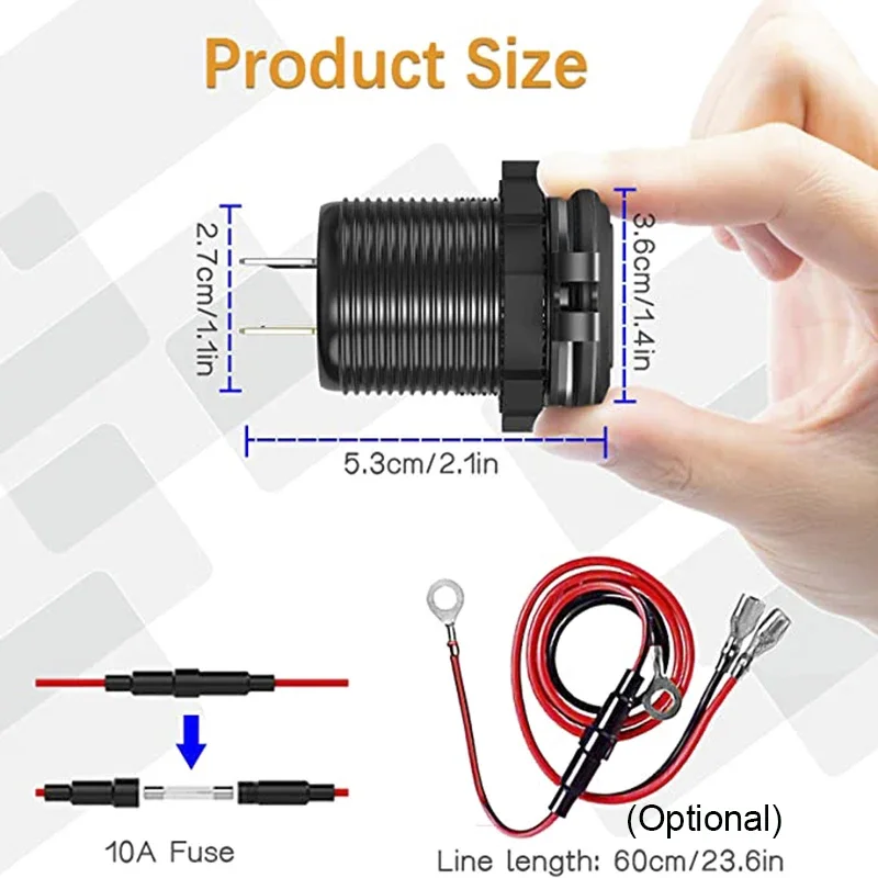 12/24V Aluminium Metal 36W QC3.0 Dual USB Car Motor Charger Socket Waterproof  With Voltmeter Switch Fast Quick Charge Adapter