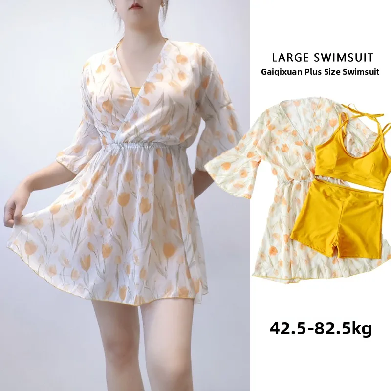 

Floral Print Bikini Set Women's Thermal Spring Bathing Suit Large Size Separate Flat Angle Tee Pieces Swimming Costume