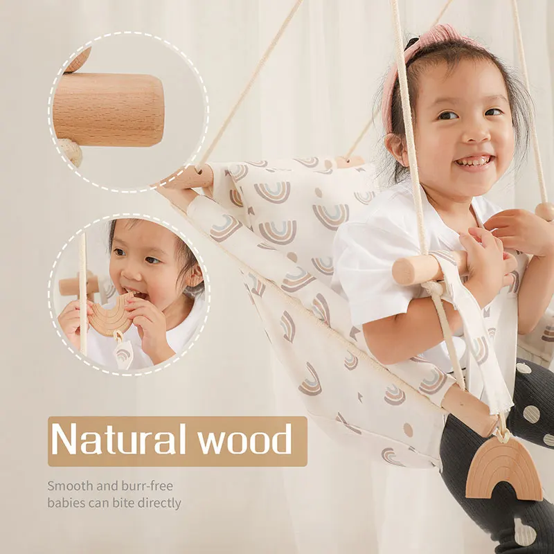 Natural Wood Baby Swing Indoor Outdoor Garden Canvas Hanging Child Hammock Small Basket Safe Recreation Kids Toy Rocker Chair