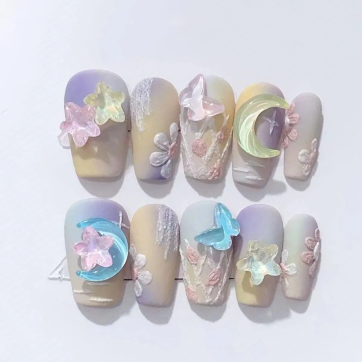 

10pcs Short Ballet Handmade Fake Nails Art Finished Wearable 3D Star Moon Design False Nail Tip Gradient Colorful Press on Nails