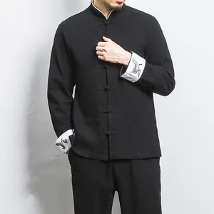 جديد رافعة التطريز أعلى الملابس التقليدية الصينية للرجال خمر نصف كم الكتان القمصان طوق صلب Madarin Hanfu Kungfu أعلى 10 مبيعات قميص صيني - No4