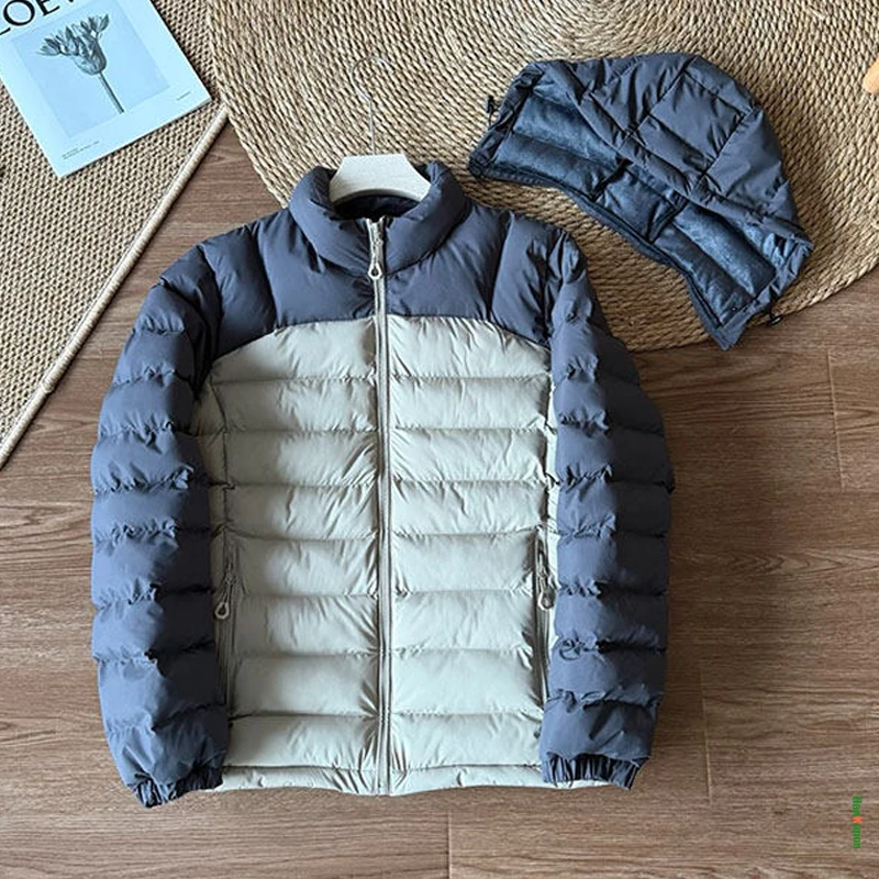 Unisex Color-Blocked Hooded Insulated Down Jacket Outdoor, Windproof, Waterproof, Warm, Suitable for Camping and Hiking