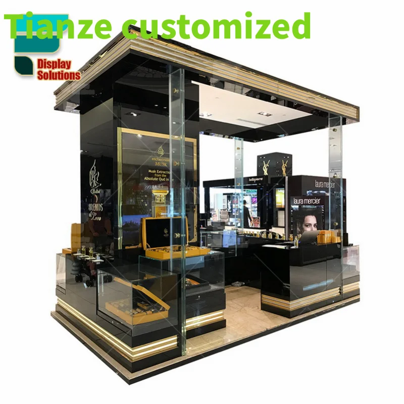 

Customized-design retail perfume kiosk layout decoration modern mall aroma perfume wood rack LED display stand cabinet