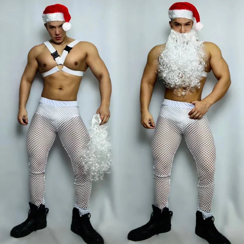 

Мужской комплект одежды Санта-Клауса со шляпой, брюки для танцев на пилоне для бара, ночного клуба, одежда Gogo, мужские рождественские костюмы, одежда для сцены, рейва