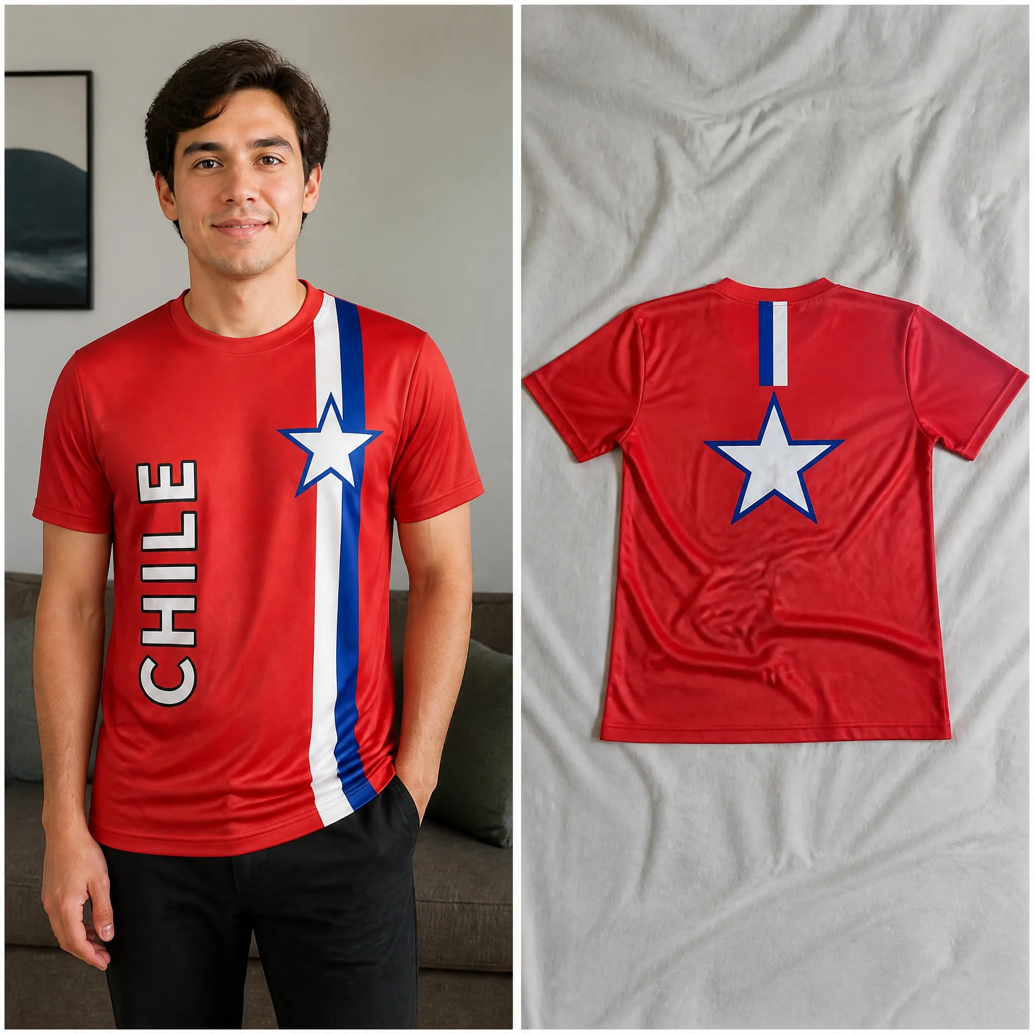Mens Crewneck T Shirt Chile Minimal Star Stripe Graphic Short Sleeve Casual Flag Style Tee Red Blue Clean Design Top Outdoor Top