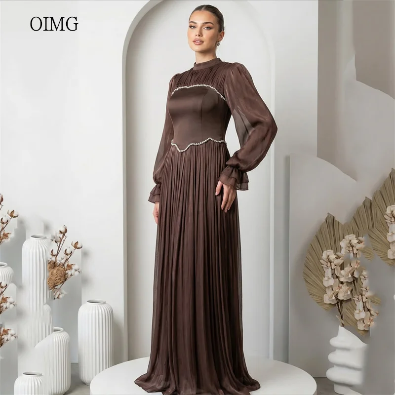 OIMG Modesto collo alto A Line abiti da ballo Eid maniche a lanterna abito da festa pieghettato abito da sera lungo fino al pavimento saudita personalizzato