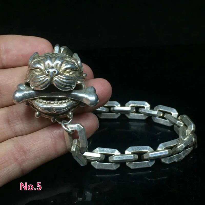 Exquisite Chinese Tibetan Silver Handmade Skull/Dragon/Tiger/Bully Dog Amulet Auspicious Bracelet Statue/No.1--No.5 Style