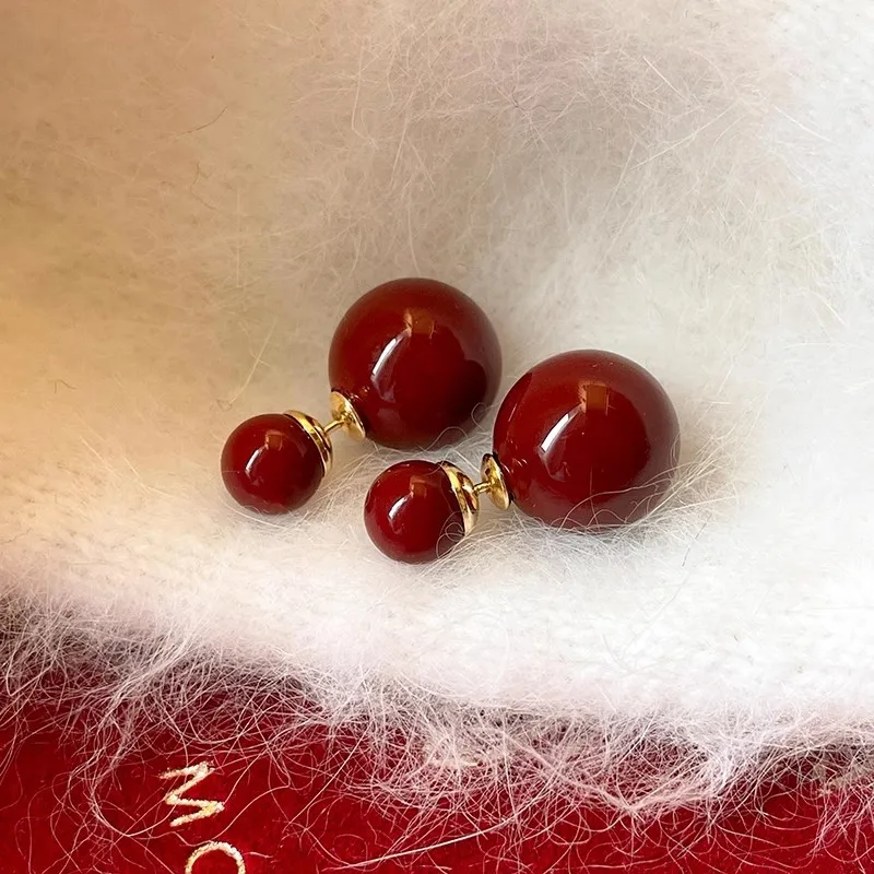 Vintage Fashion Double-sided Simulation Pearl Stud Earrings for Women Lucky Red Color Temperament Charm New Year Party Jewelry