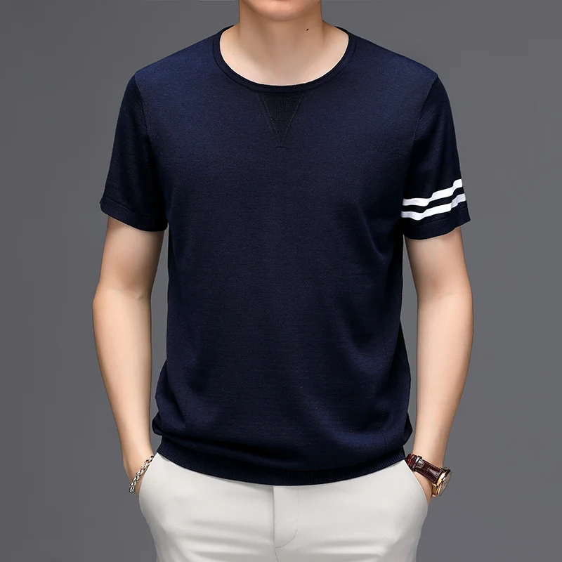 

Light Luxury Summer Blended Knitted Short-Sleeved T-shirt Men's round Neck Striped Drape Men's T-shirt