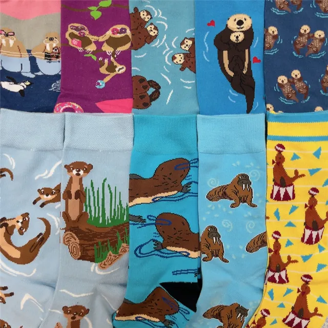 Dorosła załoga Unisex Cartoon Funny Otter Lover Socks Beaver Walrus Morse Sea Dog Lion Seal Beaver Ocean Park Souvenir Couple Items