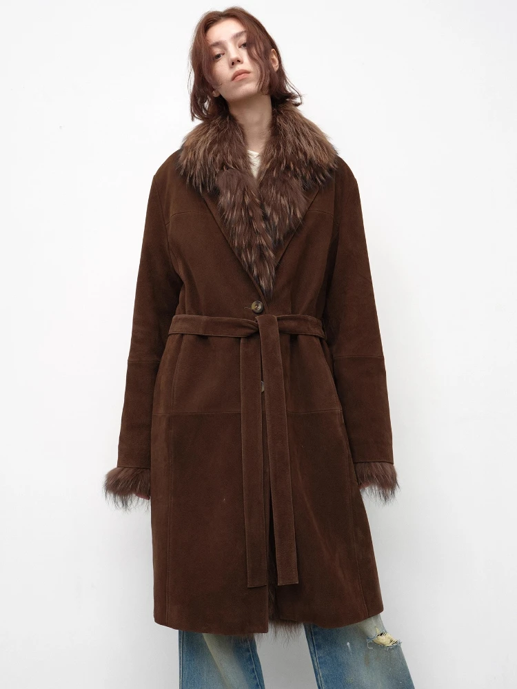 

Natural Raccoon Fur Genuine Leather Goose Down Jackets for Women 2026 New High-end Simple Winter Long Real Sheepskin Suede Coat