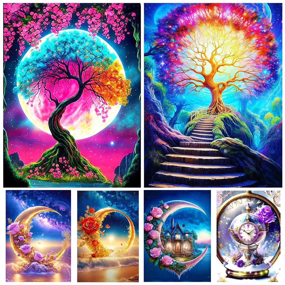 

2024 New 5D DIY Diamond Painting Fantasy Flowers, Plants, Trees, Moon Landscape All Mosaic Cross Embroidery Home Decoration