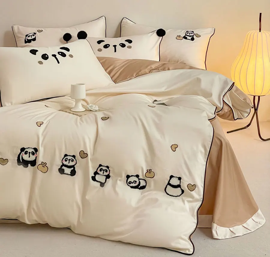 Cute embroidered panda bedding set single double teen,twin full queen king cotton home textile bed sheet pillow case duvet cover